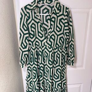 Zara Green/Cream Geometric Print The Karen Collared Midi Dress. Size S NWOT
